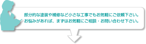 部分的な塗装や補修など小さな工事でもお気軽にご依頼下さい。お悩みがあれば、まずはお気軽にご相談・お問い合わせ下さい。